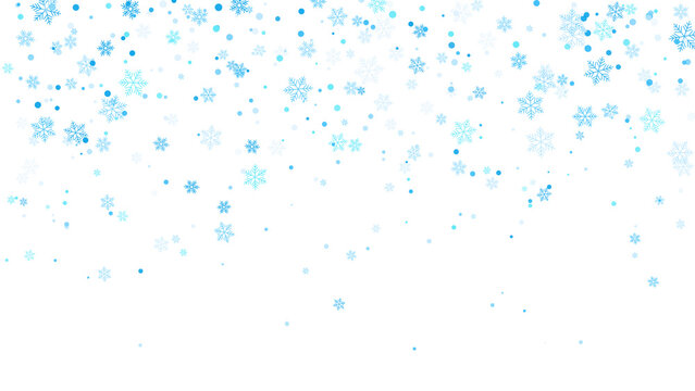 Blue Snowflakes on transparent Background, winter snowfall with white and cyan flakes floating, festive Christmas holiday design, PNG illustration