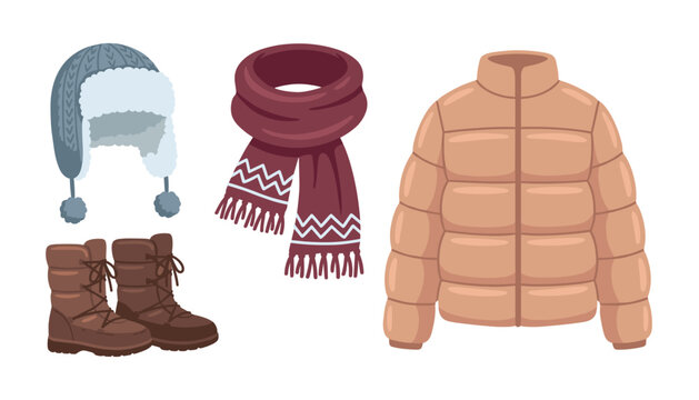 Winter clothes vector set with warm puffer jacket woolen scarf trapper hat and snow boots isolated on white background