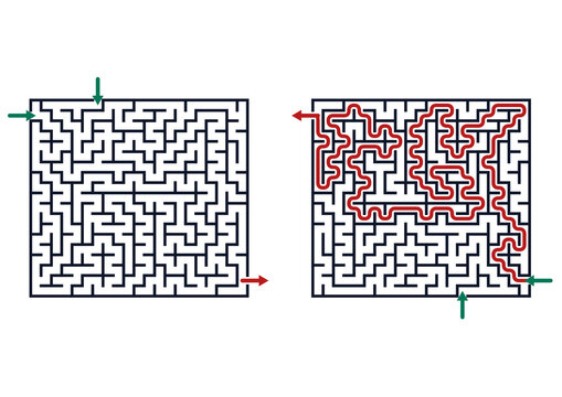 Maze puzzle showing paths and solutions with start and end points  