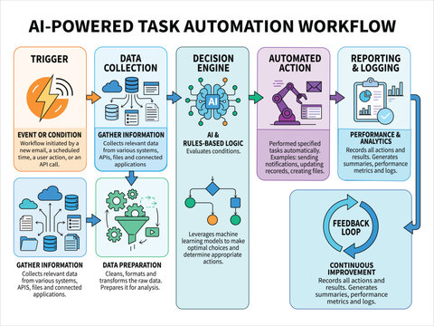 AI-Powered Task Automation Workflow Infographic with Trigger, Data Collection, Decision Engine, Automated Actions, Reporting and Continuous Improvement
