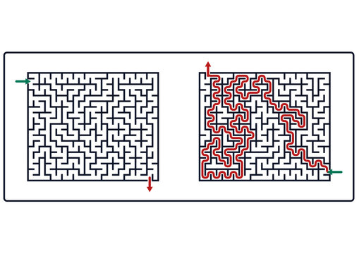 Maze design with paths and solution displayed in red line  
