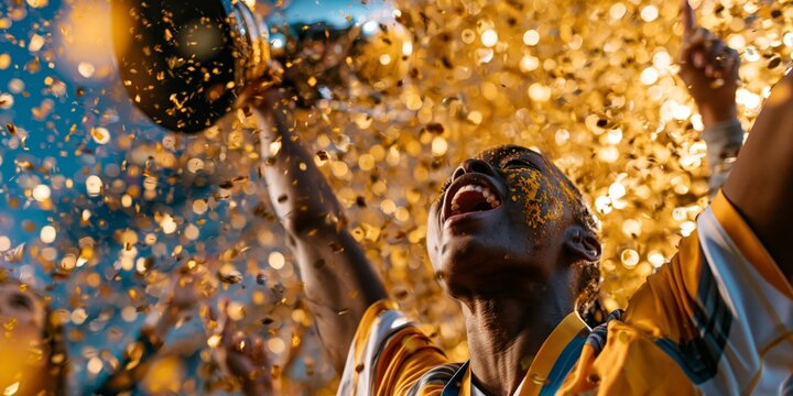 A joyful young athlete celebrates victory, holding a trophy aloft amidst a shower of golden confetti, wearing a yellow and white sports jersey under bright stadium lights.