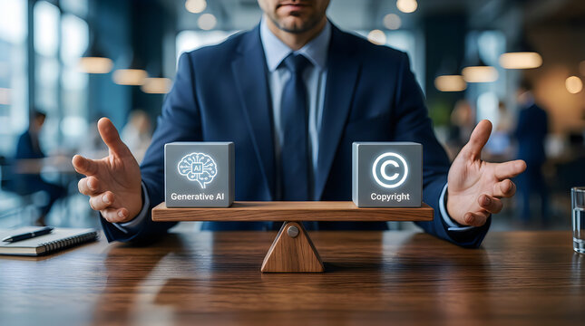 Businessman balancing generative ai and copyright concepts on a wooden scale in a professional office setting