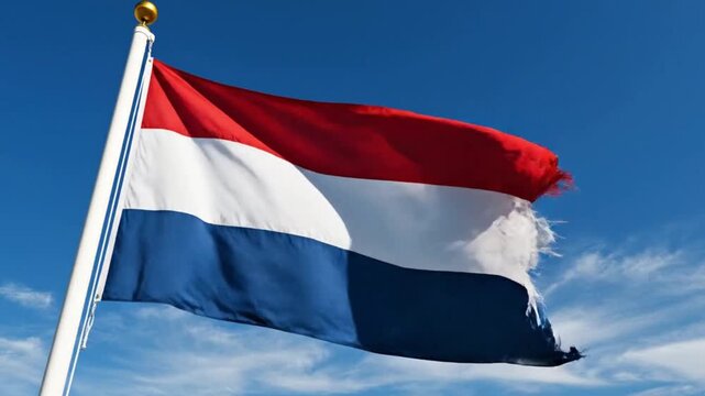 A weathered dutch flag waving in the wind against a blue sky