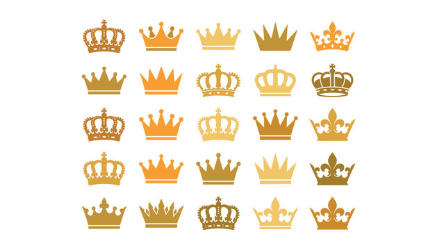 Golden royal crowns vector icon collection featuring various luxury tiara symbols for king queen princess isolated on white background