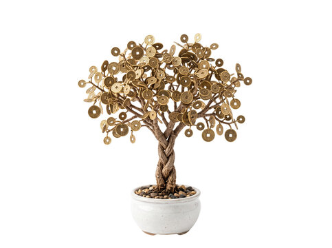 Chinese feng shui money tree with bronze coins symbolizes wealth and prosperity.
