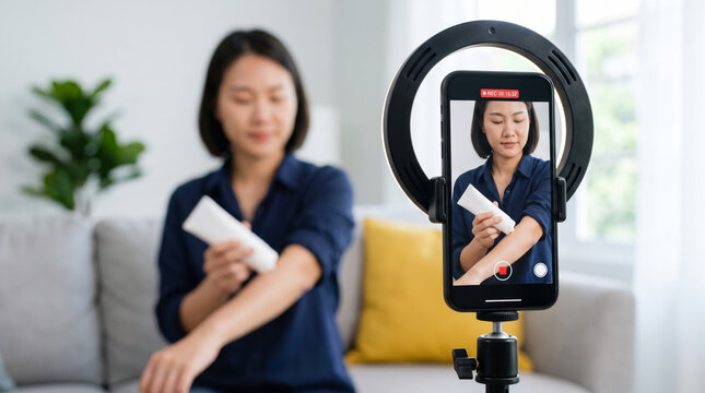 Live shopping stream mobile smartphone showing woman applying skincare cream with ring light. Social media livestream selling. online e-business digital marketing, home phone review sale