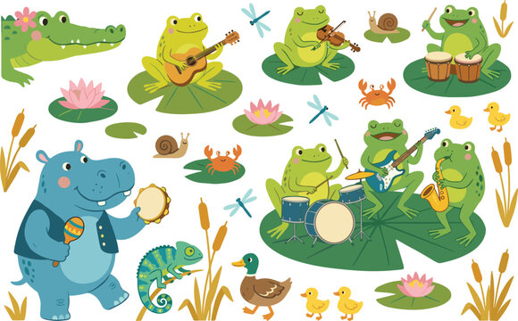 Cute cartoon swamp animals band vector collection featuring frogs playing musical instruments hippo crocodile and pond wildlife characters isolated on white background