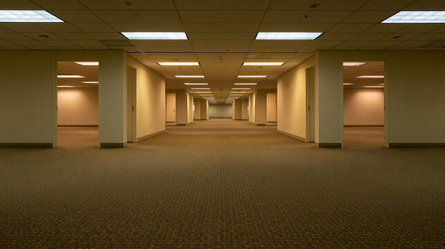 Empty liminal space with beige walls and carpeted floors  