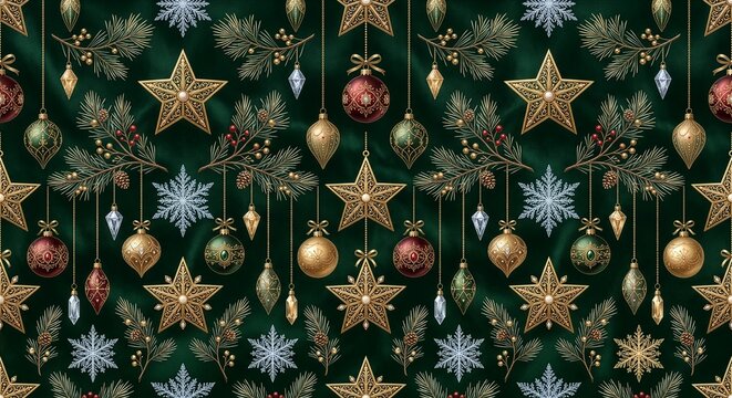 Refined seamless Christmas pattern with ornate stars, snowflakes, pine branches and ornaments for luxury seasonal products.