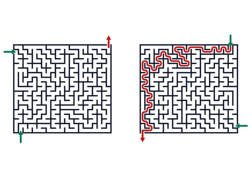 Maze puzzle with pathfinding solution illustrated in two squares  