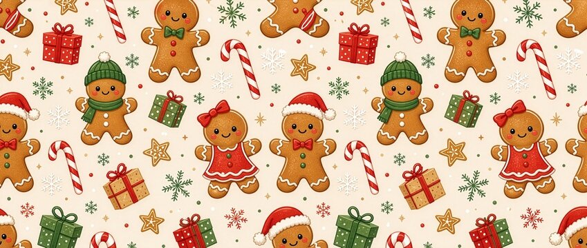 Cute seamless Christmas pattern with gingerbread characters, candy canes, gifts and snowflakes for playful holiday products.