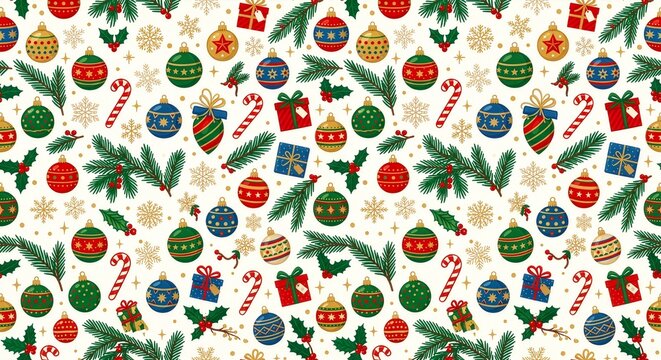 Festive seamless Christmas pattern with ornaments, candy canes, gifts, snowflakes and evergreen sprigs for seasonal products.