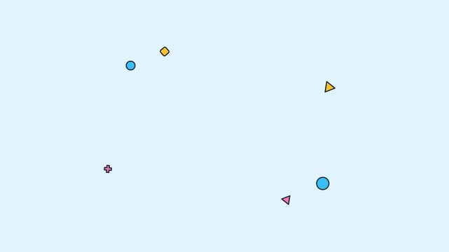Abstract minimalist graphic design with various small colorful geometric shapes scattered on a light blue background.
