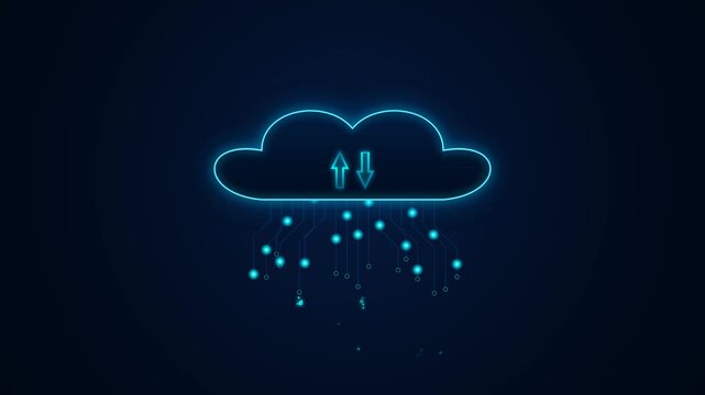 Abstract glowing blue digital cloud technology icon with up and down arrows and circuits on dark background