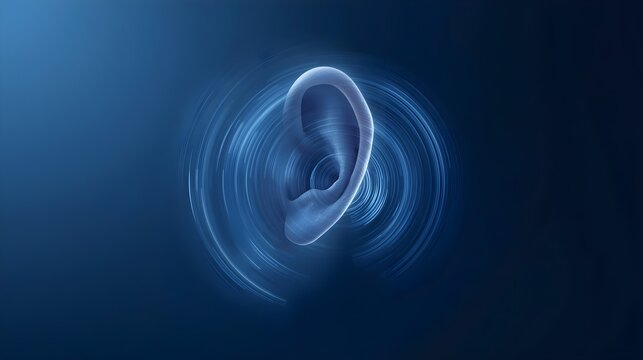 In this striking visual shimmering waves of color emanate from a persons ear illustrating the journey of sound waves in a captivating and imaginative way. The background enhances the magical feel.