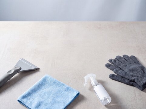 Winter car window cleaning and deicing tools with copy space