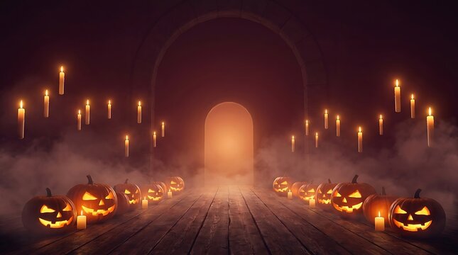 Spooky carved pumpkins glow with flickering candlelight along a dark wooden hallway in a haunted castle during an eerie halloween night scene with atmospheric thick fog
