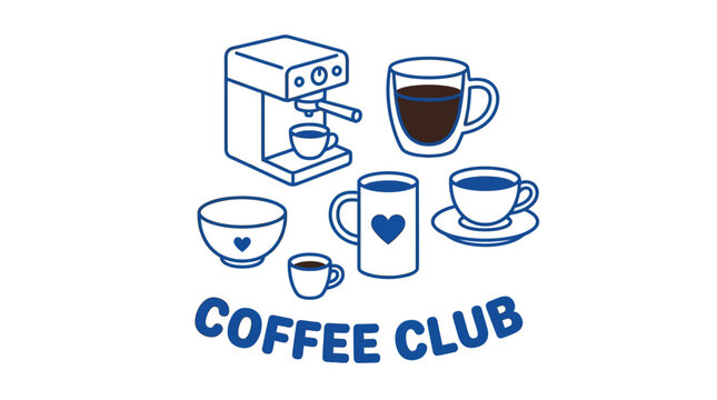 Blue outline coffee maker with mugs and cups featuring minimalist style for a cafe logo design