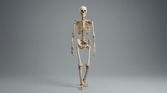 Full Body Human Skeleton Anatomy Model Standing Against a Neutral Gray Studio Background