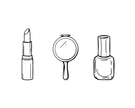 Sketch of lipstick, compact mirror, nail polish bottle