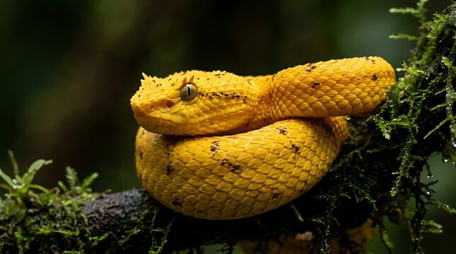 Yellow eyelash viper coiled amongst green foliage in a natural habitat