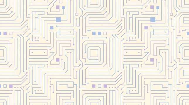 Abstract circuit board pattern featuring interconnected pathways with soft pastel lines and geometric shapes displayed seamlessly on white background