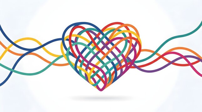 Vibrant heart symbol crafted from intertwined multicolored ribbons showing modern creative design aesthetics displayed as flat art on white background