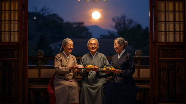Senior Korean family wearing hanbok smiling together under full moon during Chuseok