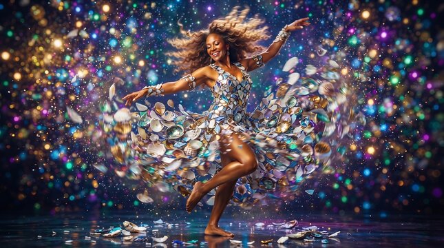 Joyful woman in a sequined dress dancing amidst a explosion of colorful light bokeh with glittering lights joyful expression glamour fashio