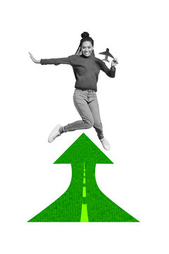 Vertical photo collage of excited american girl jump arrow road airport plane flight summer travel tourist isolated on painted background