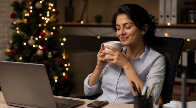 Smiling Businesswoman Drinking Coffee at Office Desk During Christmas