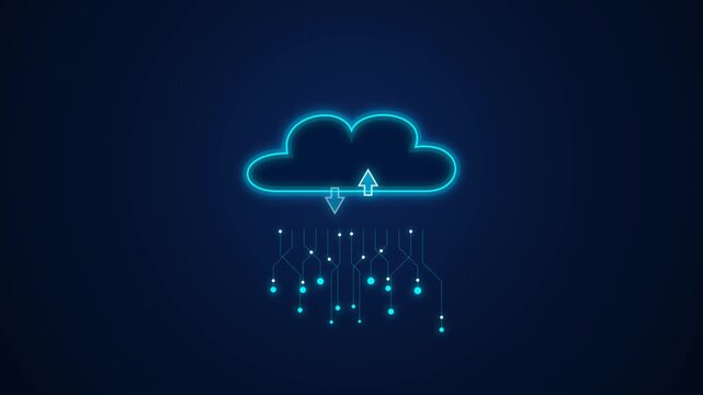 Digital cloud computing concept with neon blue glow and abstract data connections network illustration