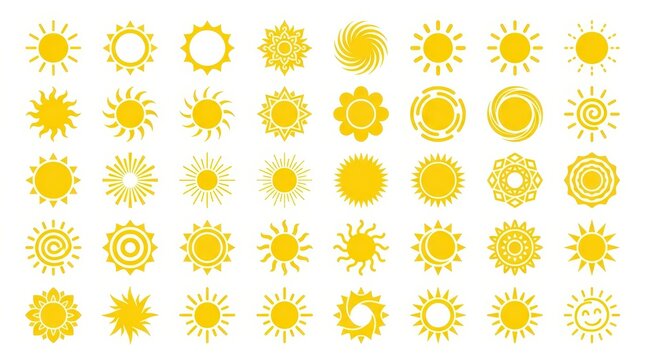 Large Collection of Yellow Sun Icons and Symbols in Various Styles for Graphic Design, Summer Projects, and Weather Apps