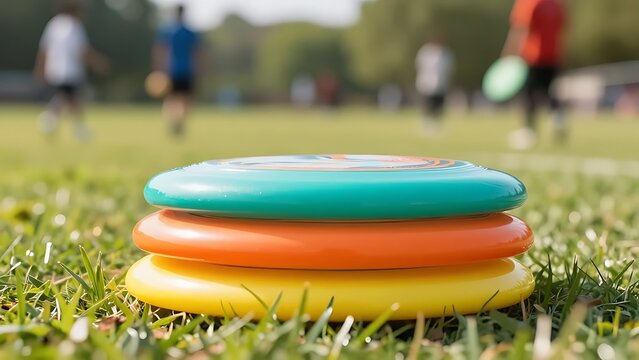 Stack of colorful plastic flying discs frisbees resting on green grass in a public park during a sunny day with blurred outdoor sports activity and players in the background