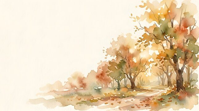 Vibrant autumn trees painted with delicate watercolor strokes showing seasonal foliage colors, artistic textures, and organic shapes on white background
