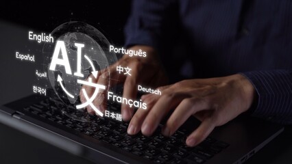 Global communication with multiple languages, digital translation tools, multilingual technology, cross-cultural communication, and virtual language learning environments. Muxer © InfiniteFlow