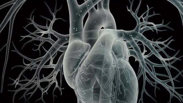 Anatomical illustration of the human heart and vascular system, showcasing the intricate network of arteries and veins in a detailed, high-resolution graphic representation.