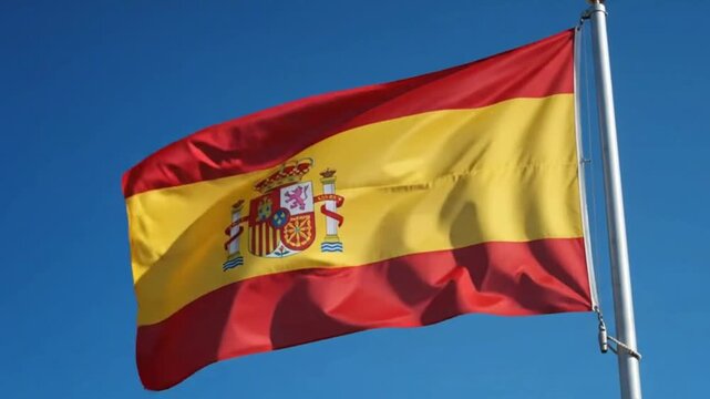 National flag of spain waving in the wind against a clear blue sky