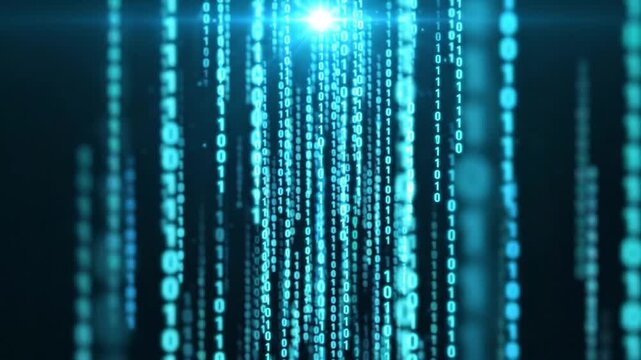 Digital streams of glowing blue binary code falling through darkness creating abstract technological background motion footage.
