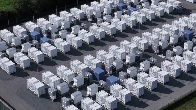 Close-up aerial footage of battery energy storage system (BESS) facility with rows of lithium-ion containerized battery storage modules, inverters and electrical infrastructure for renewable energy.