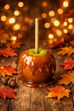 Glossy caramel apple on a wooden table with autumn leaves and warm bokeh lights for fall background and seasonal dessert banner