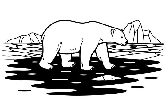 Polar bear walking on melting ice near icy mountains