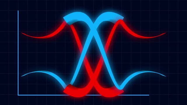 Intersecting Blue and Red Glowing Waveform Arrows on Dark Graph Grid