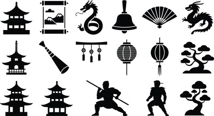 Naklejka premium Asian Culture Vector Black Silhouette Collection Featuring Pagoda Dragon Lantern Bonsai Tree Fan and Martial Arts Elements