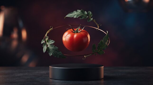 3d World Food Day abstract background new 2026 Realistic red tomato sculpture with green leaves on a metallic pedestal illustration