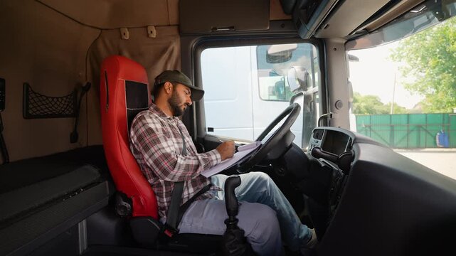 Truck driver checking paperwork in cabin before trip