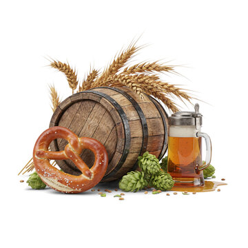 Oktoberfest still life with rustic wooden beer barrel, salted pretzel, fresh hop cones, wheat, and foamy beer stein