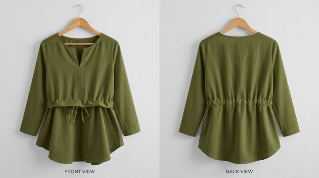 Olive green long sleeve women's tunic blouse with a cinched drawstring waist, shown in a flat lay front and back view on wooden hangers against a clean white background