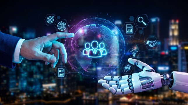 AI workforce management and recruitment analytics concept, optimizing employee evaluation, talent development, HR processes, and data-driven workforce strategies.